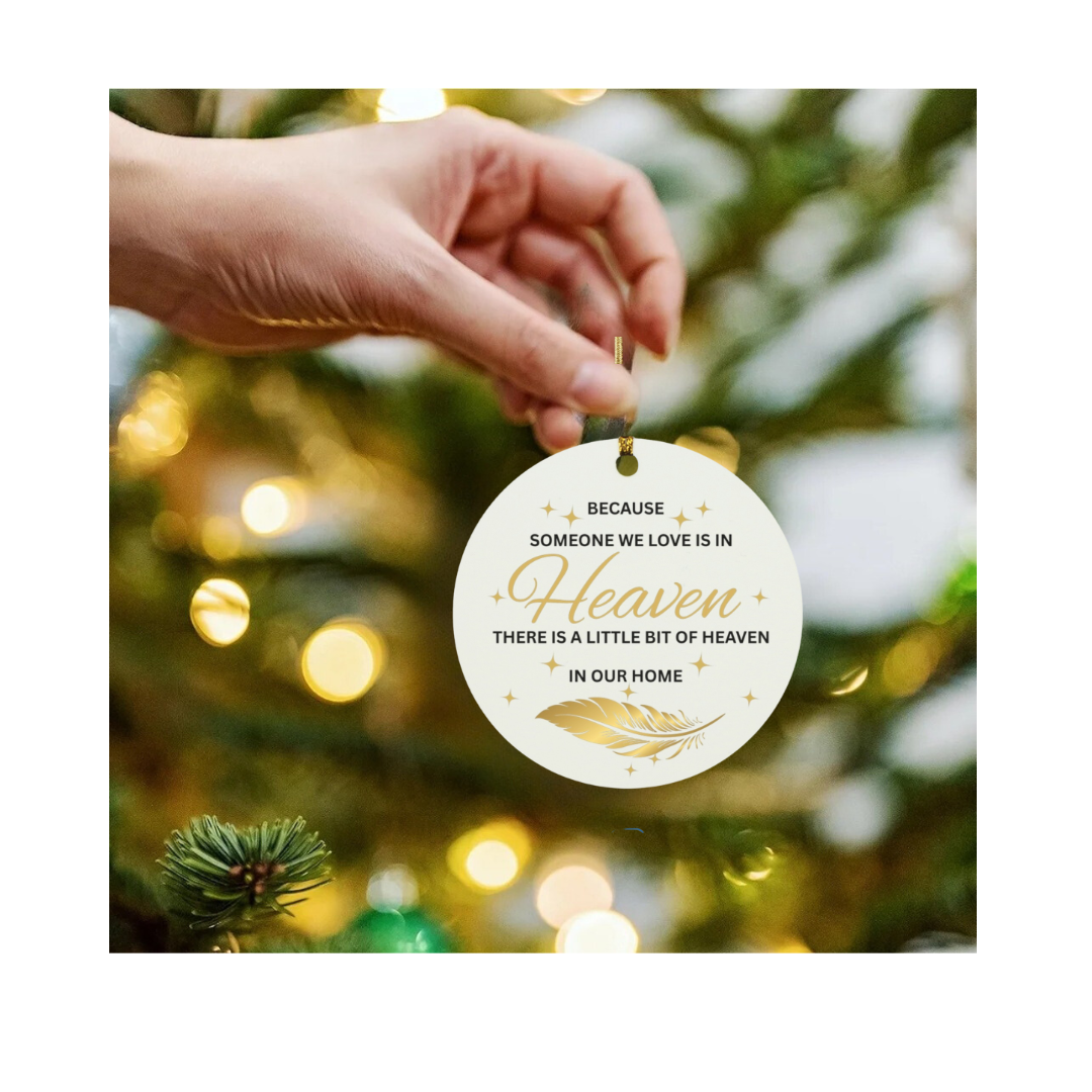 Because Someone We Love Is in Heaven Ornament – Memorial Remembrance Keepsake, In Loving Memory Christmas Ornament, Sympathy Gift, Gold Feather Heaven Ornament
