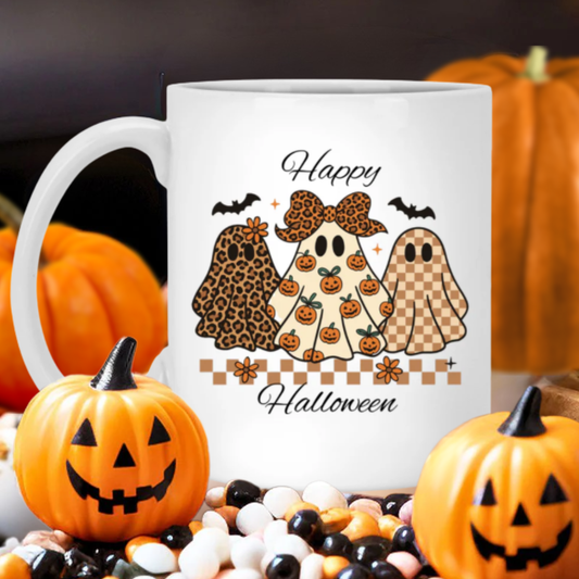 Cute Halloween Ghost Mug – Leopard, Pumpkin & Checkerboard Retro Fall Coffee Cup