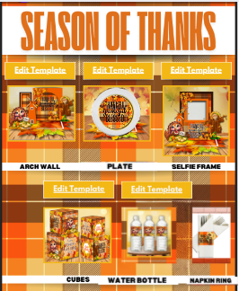 Season of Thanks Thanksgiving Party Templates | Editable Fall Plaid DIY Decorations | Arch Wall, Plates, Napkin Sleeve, Cubes, Water Bottle, Selfie Frame