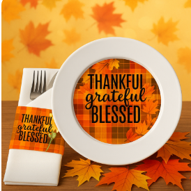 Season of Thanks Thanksgiving Party Templates | Editable Fall Plaid DIY Decorations | Arch Wall, Plates, Napkin Sleeve, Cubes, Water Bottle, Selfie Frame